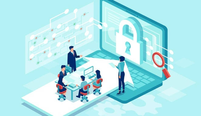 Isometric vector of a team working designing new software to protect personal data