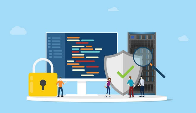 network programming security concept with code program and server safe icon - vector