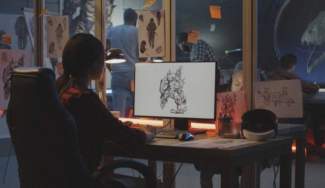 Young woman drawing game art