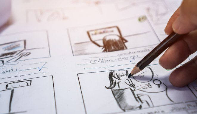Hands on Storyboard movie layout for pre-production, storytelling drawing creative for process production media films. Script video editors and writing graphic in form displayed in maker shooting