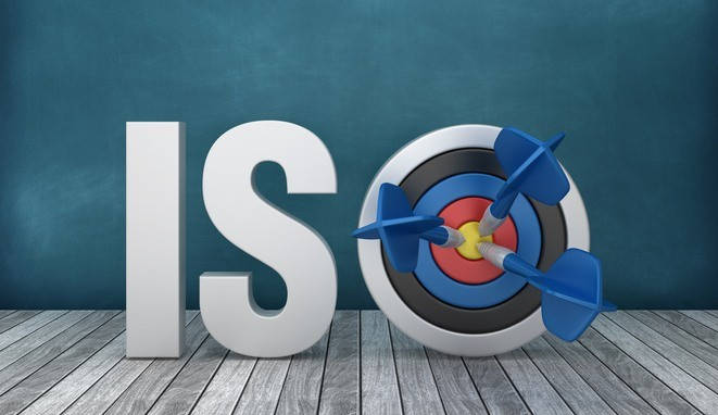 3D Word ISO with Target on Chalkboard Background - 3D Rendering