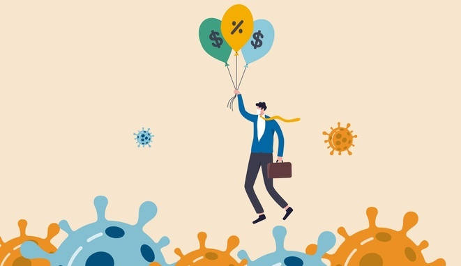 Coronavirus crisis, COVID-19 pandemic impact all business and company with help of banking and government to reduce interest rate and stimulus package, businessman holding balloons fly pass virus.