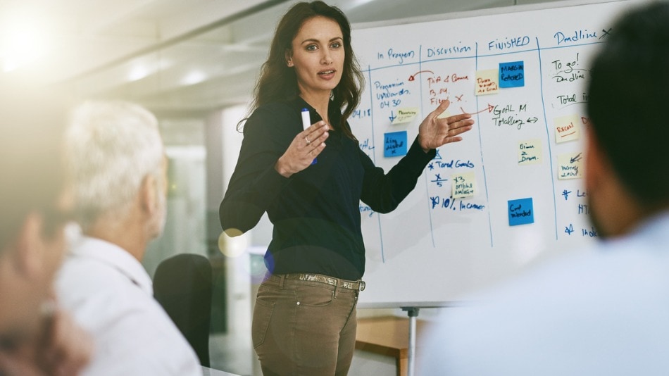Project manager explicando en una pizarra