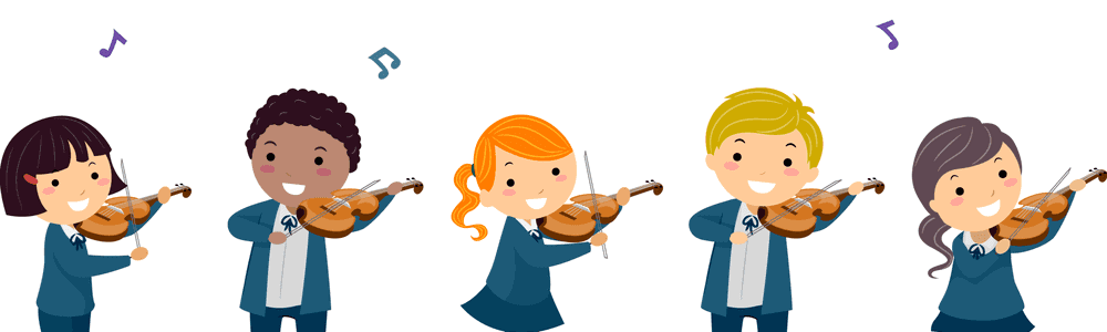 Aprendizaje musical; dibujo de niños en uniforme escolar tocando el violin