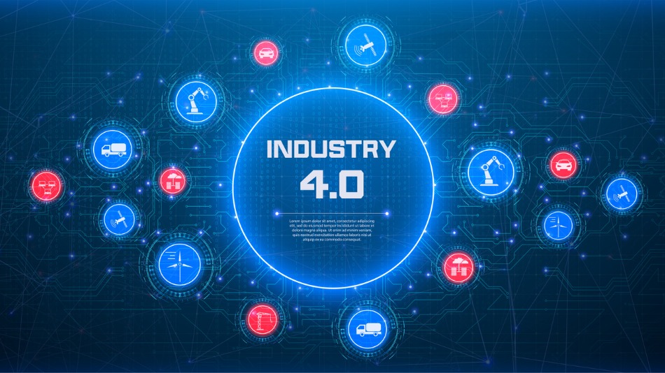 Concepto de industria 4.0. Iconos, tecnología de intercambio de datos en producción.