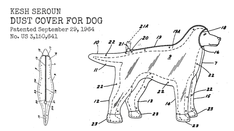 Dibujo de una patente de una funda antipolvo para perros