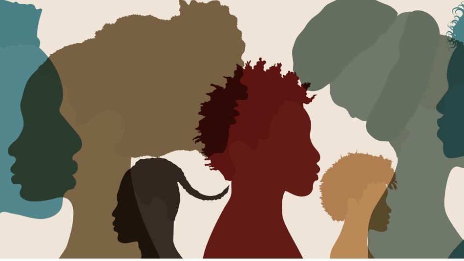 Siluetas de cabezas de perfil grupo étnico de hombres y mujeres africanos
