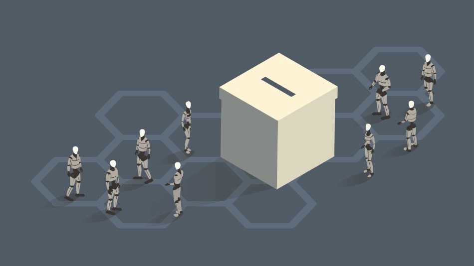 Robots alrededor de una urna electoral