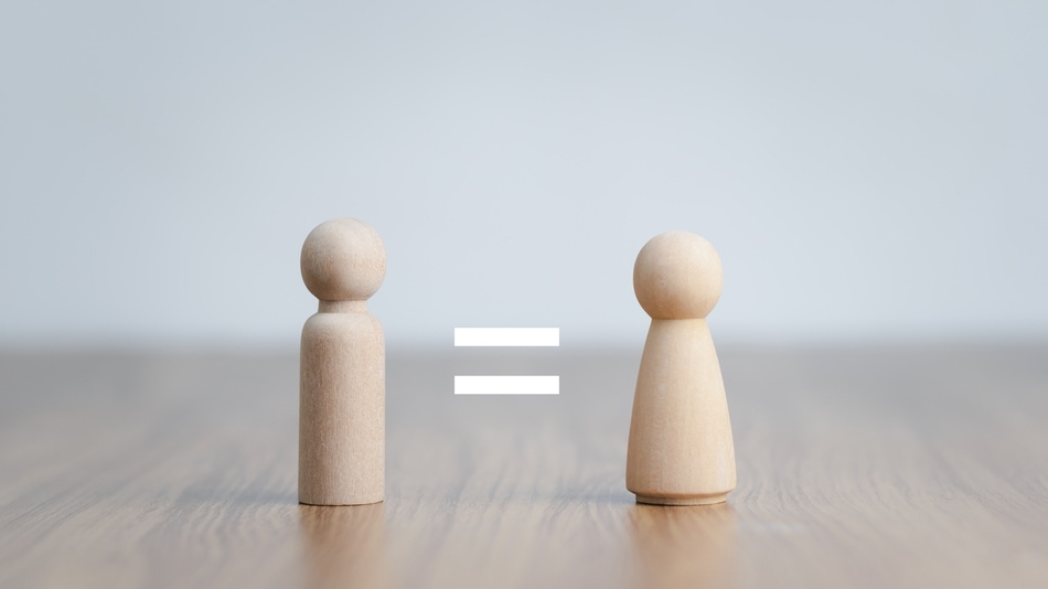 Concepto de igualdad de género, Figuras de madera con el signo matemático de igual entre ambos
