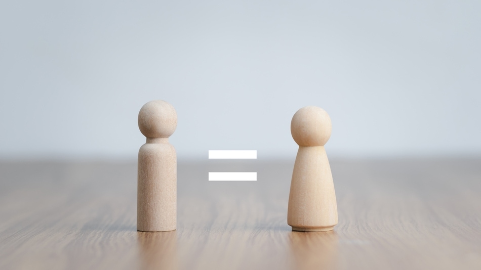 Concepto de igualdad de género, Figuras de madera con el signo matemático de igual entre ambos