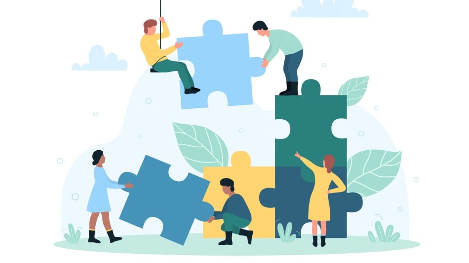 Personas montando un puzzle como concepto de asociación de trabajo en equipo, gestión de proyectos.