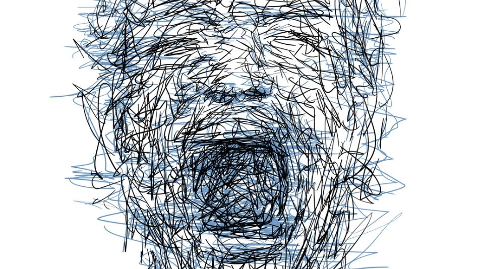 Boceto de dibujo de la cara expresiva de una persona gritando fuerte 
