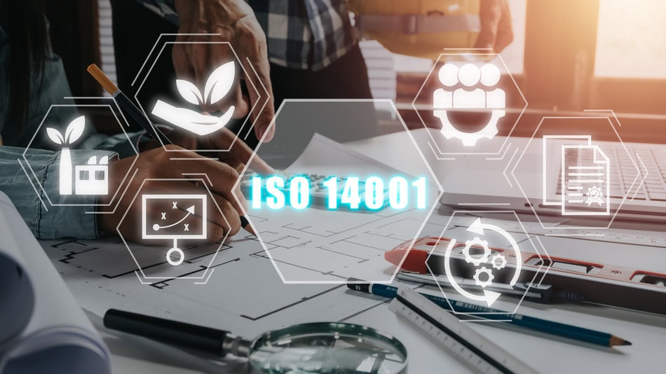 Concepto de sistemas de gestión ambiental certificado ISO 14001, equipo de ingenieros que trabaja en el escritorio de la oficina