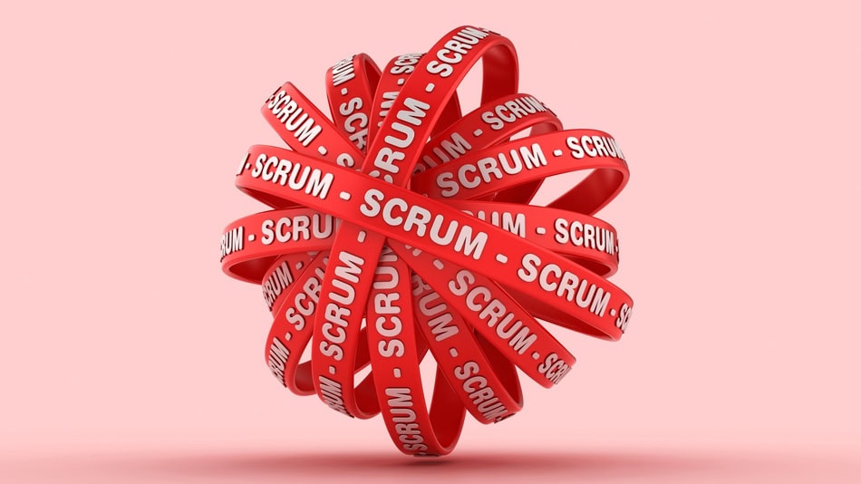 Cintas circulares rojas con la palabra SCRUM 