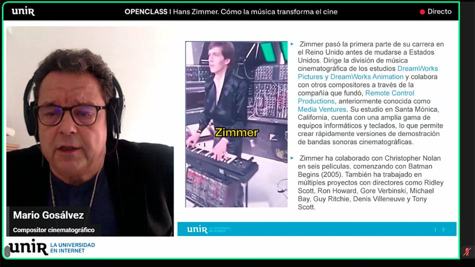 Mario Gosálvez Blanco, compositor cinematográfico y docente de UNIR, protagonizó la ponencia dedicada a Hans Zimmer.