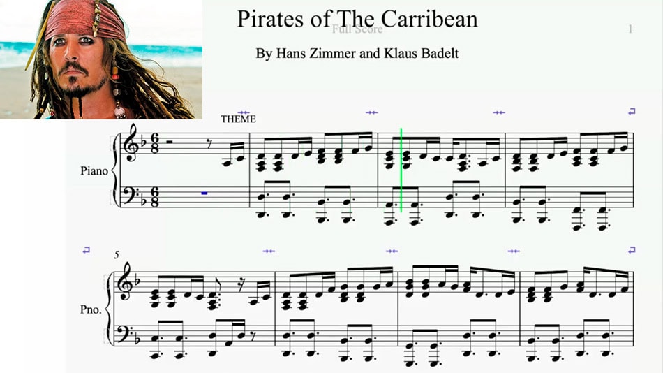 En la sesión se pudo leer y escuchar un fragmento de la partitura de 'Piratas del Caribe, fruto de la colaboración de Zimmer con Kklaus Badelt. (Insertada en la imagen un fotograma de 'Piratas del Caribe' © Walt Disney Company)