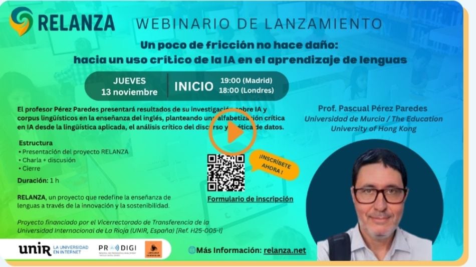 Webinario: Hacia un uso crítico de la IA en el aprendizaje de lenguas, con Pascual Pérez-Paredes.