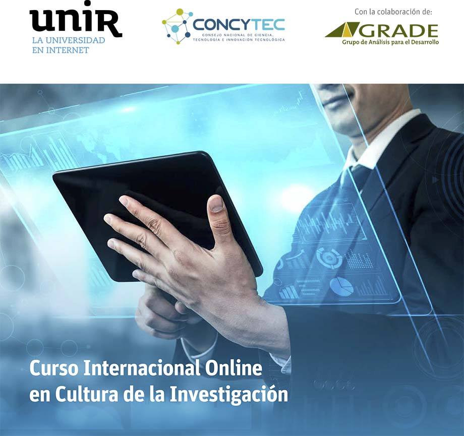 Portada del folleto de la tercera edición del Curso Internacional Online en Cultura de la Investigación de UNIR