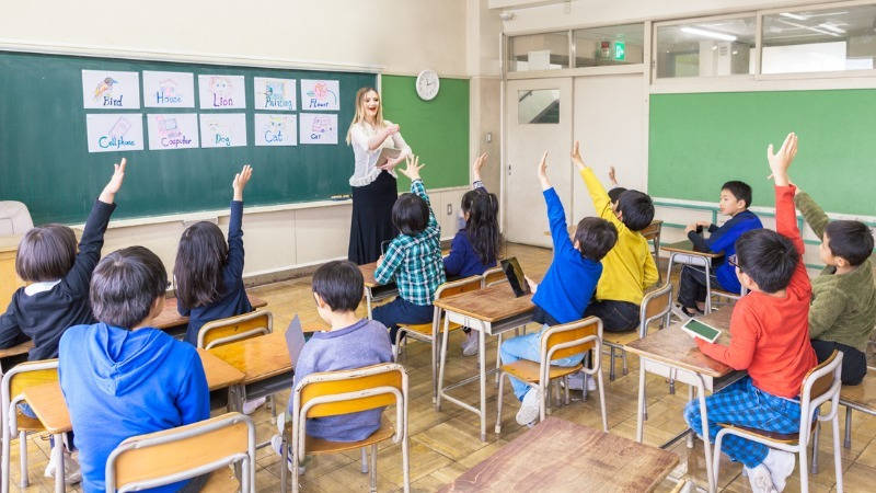 Educación, Enseñanza de la Lengua Inglesa, audio lingual method; una profesora joven señala a la pizarra con palabras simples en inglés, los niños tienen las manos levantadas