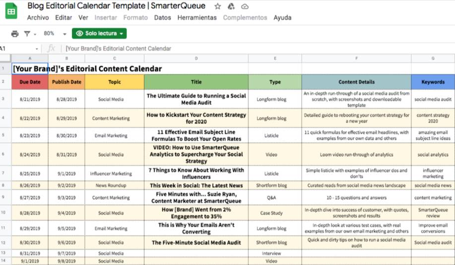 Calendario editoria en excel