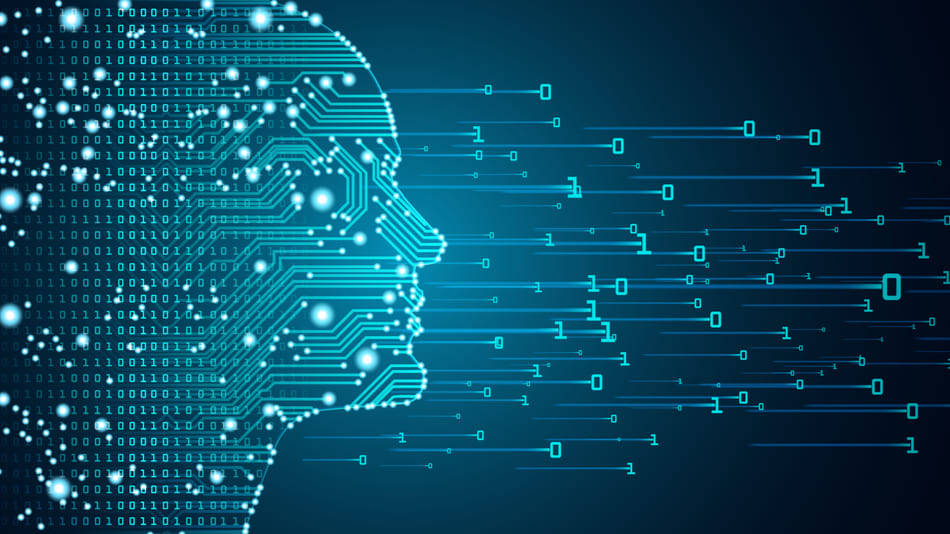 Inteligencia Artificial, una cabeza en perfil compuesto por símbolos digitales